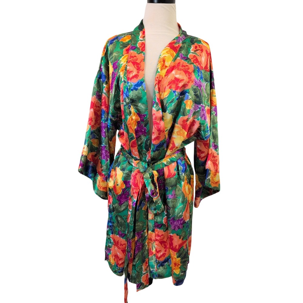 Vintage Victorias Secret 90s Gold Label Floral Satin Robe Green Orange Medium